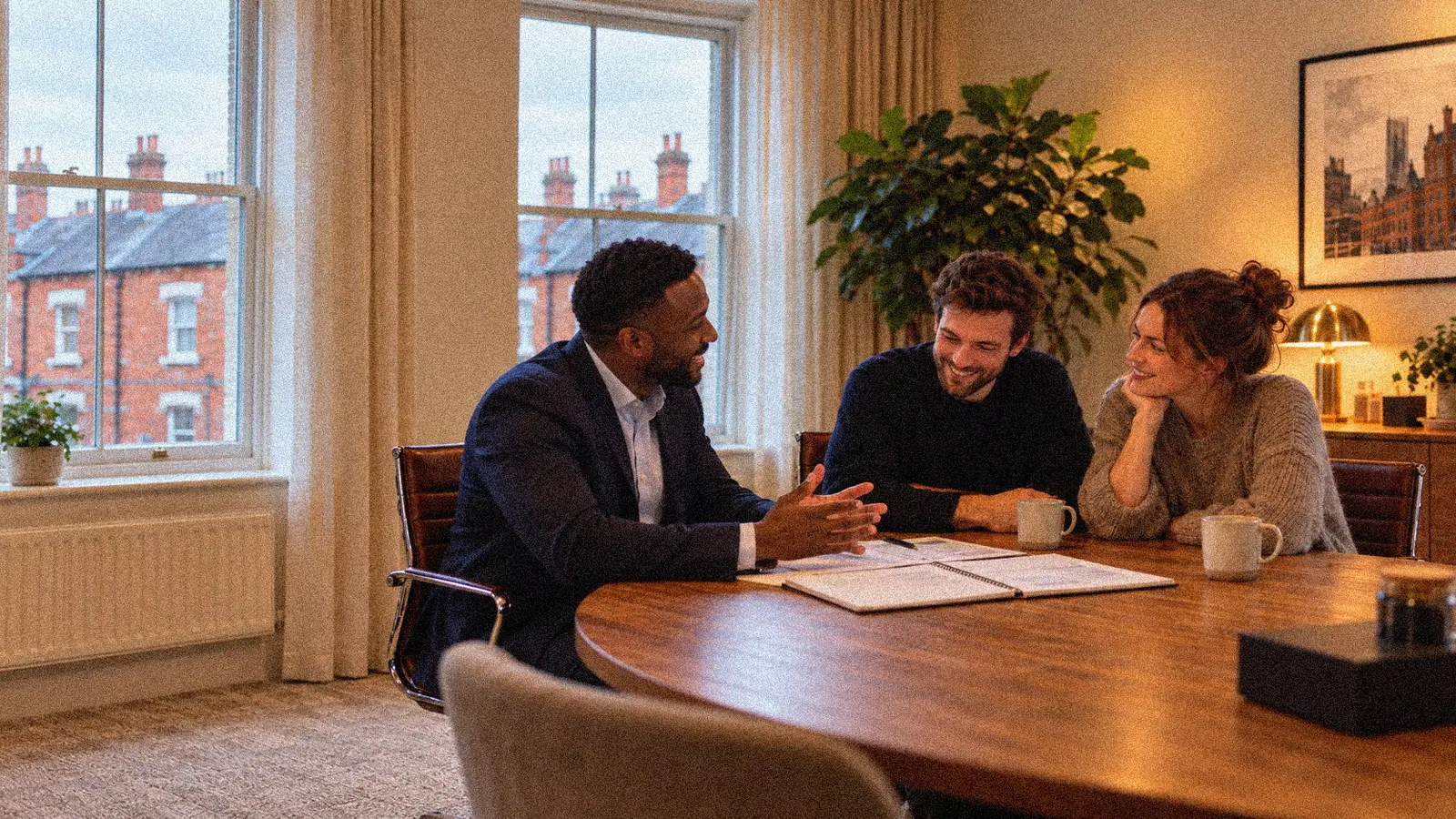 A couple chatting about their money plans with a coach at a table in a Manchester office
